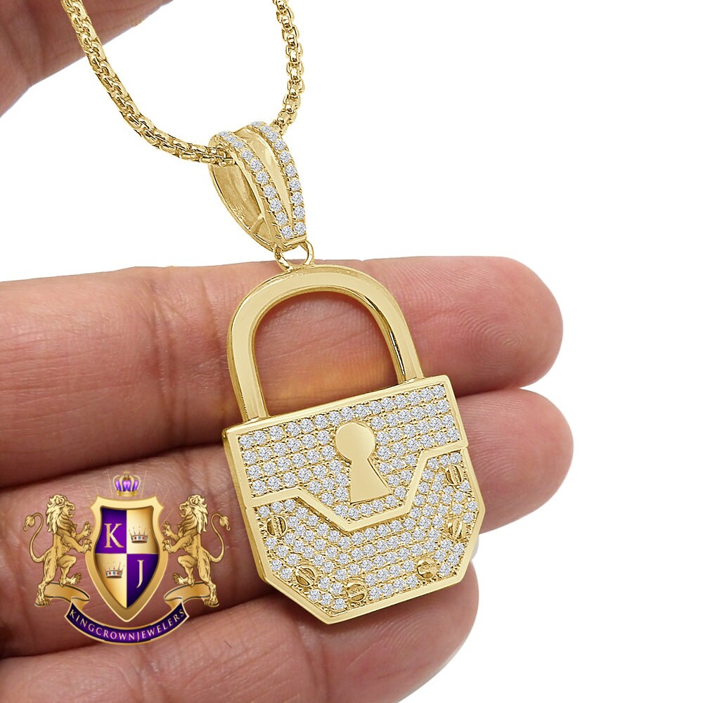 Genuine Sterling Silver 14K Real Gold Over Simulated Diamond Padlock Key Custom Pendent Men's Charm 2.25''