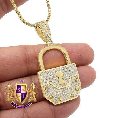 Genuine Sterling Silver 14K Real Gold Over Simulated Diamond Padlock Key Custom Pendent Men's Charm 2.25''