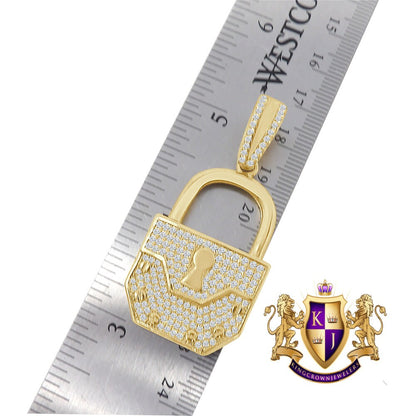 Genuine Sterling Silver 14K Real Gold Over Simulated Diamond Padlock Key Custom Pendent Men's Charm 2.25''