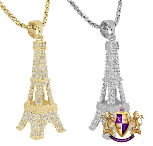 14K Real Gold Over Genuine Authentic Italian Sterling Silver 2.00 Cwt. Simulated Diamond Paris Eiffel Tower 3D Look Custom Pendant Charm 2''