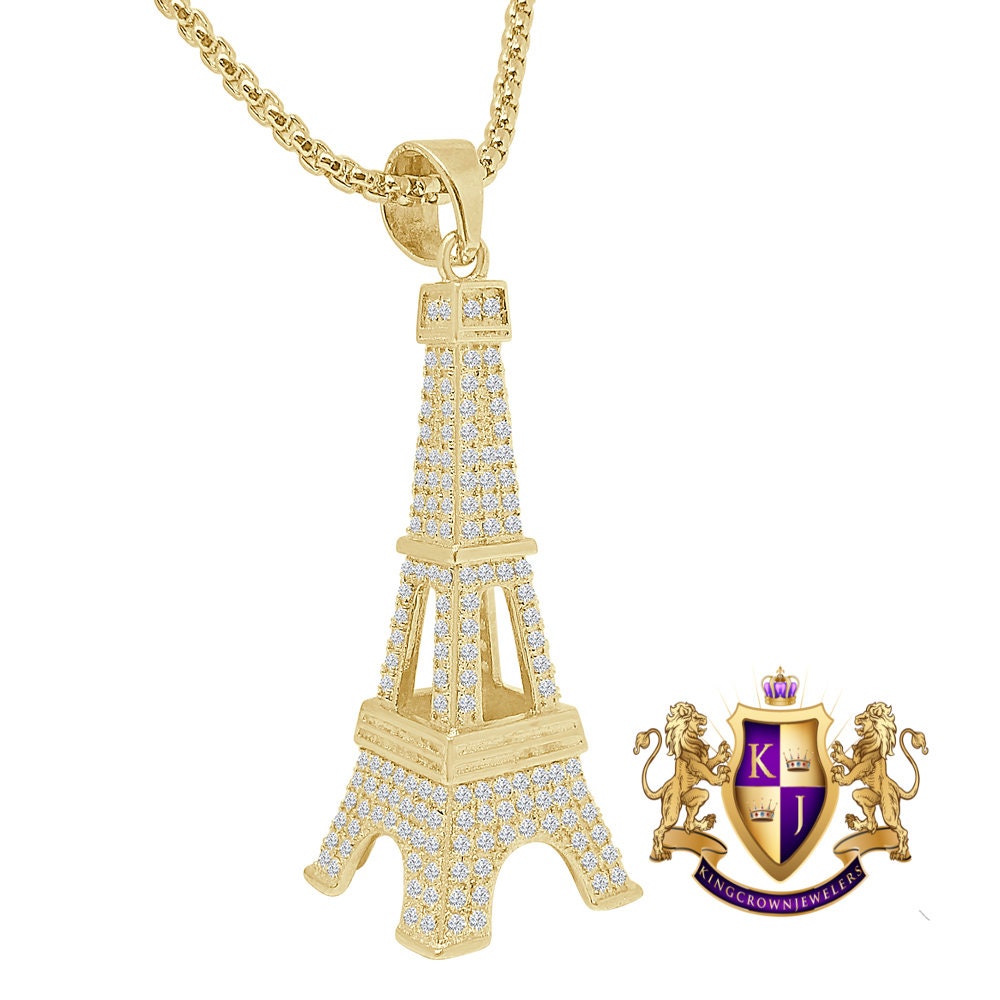 14K Real Gold Over Genuine Authentic Italian Sterling Silver 2.00 Cwt. Simulated Diamond Paris Eiffel Tower 3D Look Custom Pendant Charm 2''