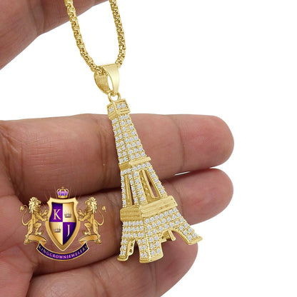 14K Real Gold Over Genuine Authentic Italian Sterling Silver 2.00 Cwt. Simulated Diamond Paris Eiffel Tower 3D Look Custom Pendant Charm 2''