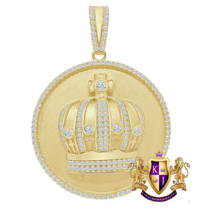 25+ Grams Men's Genuine Sterling Silver 14K Gold Over 2.00 Cwt. Simulated Diamond Kings Crown Cross Round Medallion Pendent Charm Big 2.5''