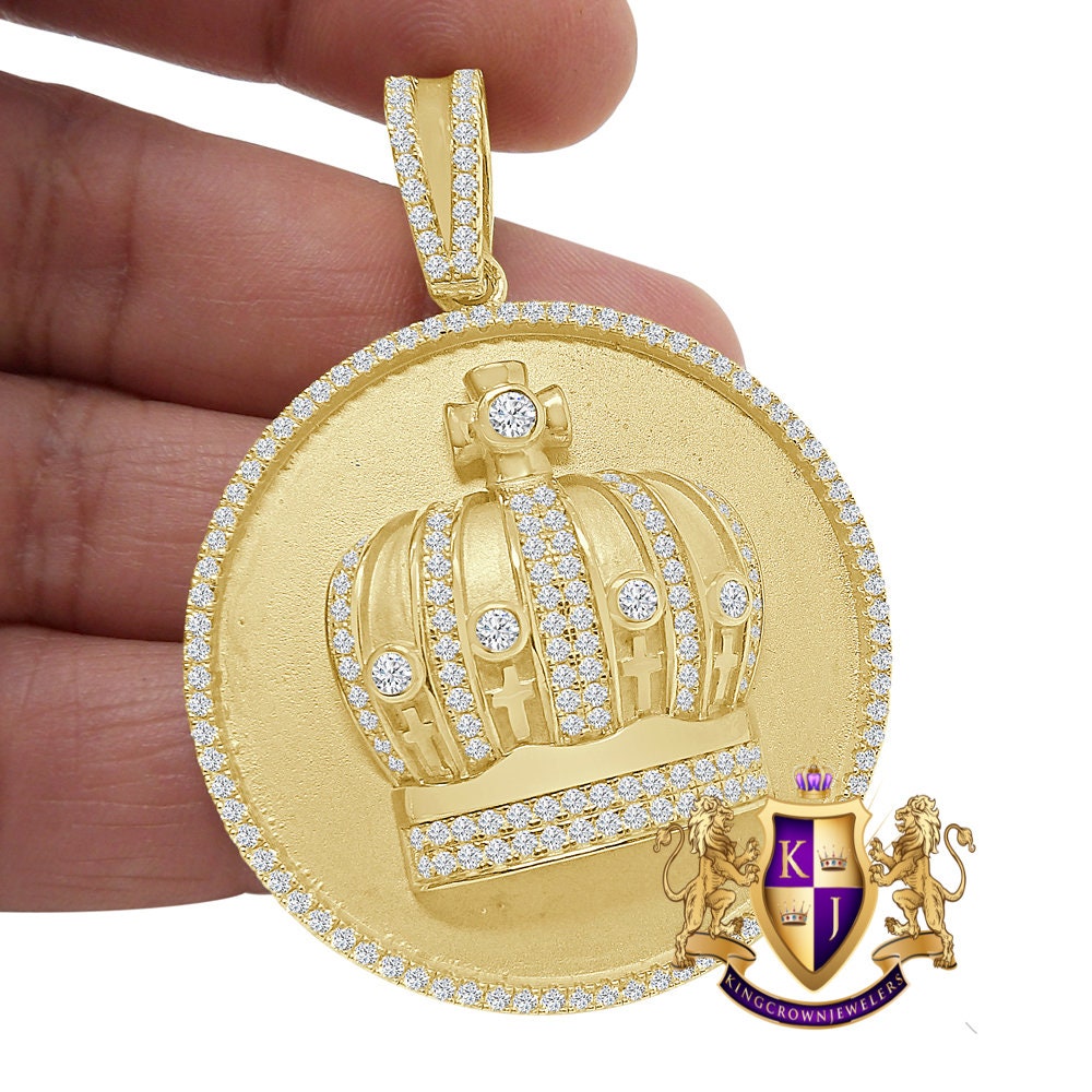 25+ Grams Men's Genuine Sterling Silver 14K Gold Over 2.00 Cwt. Simulated Diamond Kings Crown Cross Round Medallion Pendent Charm Big 2.5''