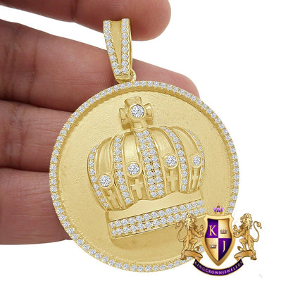 25+ Grams Men's Genuine Sterling Silver 14K Gold Over 2.00 Cwt. Simulated Diamond Kings Crown Cross Round Medallion Pendent Charm Big 2.5''