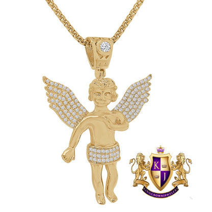 14K Gold Finish Simulated Diamond Mini Angel Piece Religious Charm Pendent Chain Set