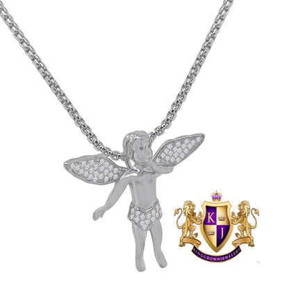 Unisex 14K Gold Finish Simulated Diamond Mini Angel Piece Religious Charm Pendent Chain Set