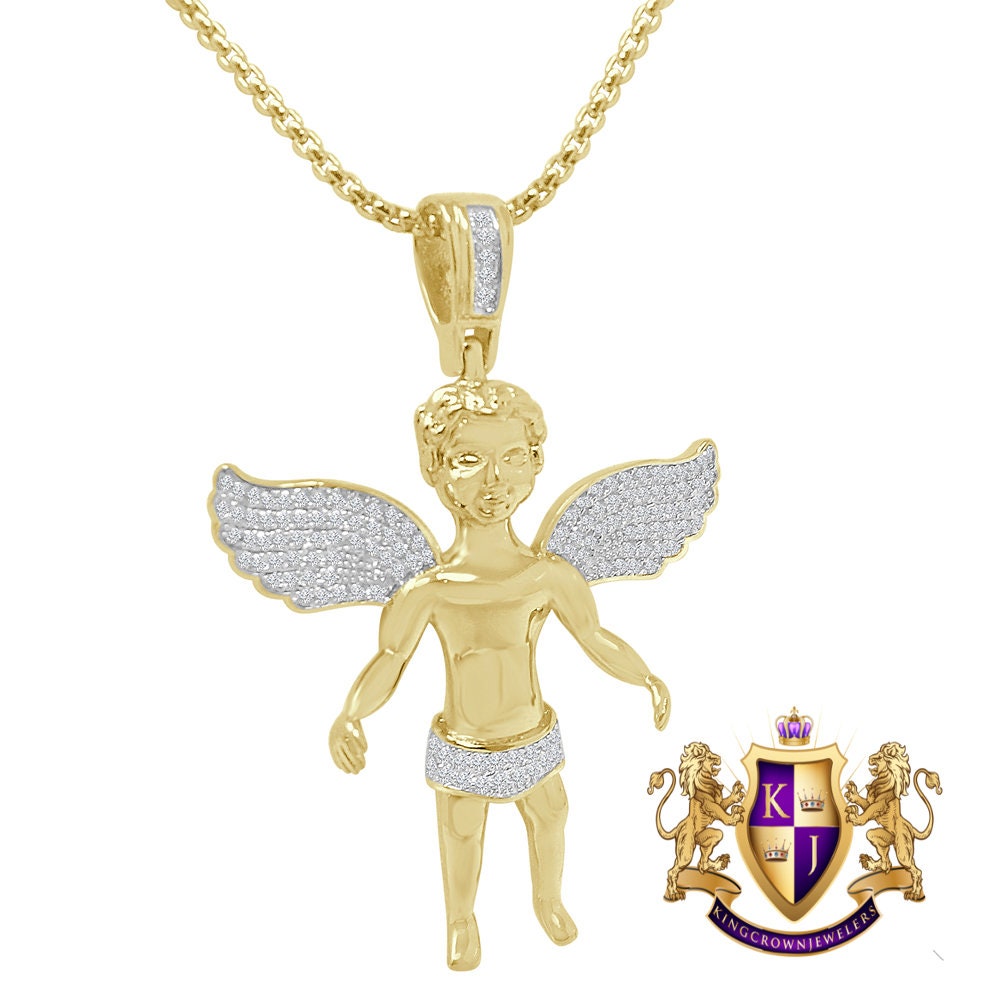 Mini Angel Piece Unisex 14K Gold Finish Simulated Diamond Religious Charm Pendent Chain Set 1.80''