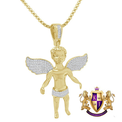 Mini Angel Piece Unisex 14K Gold Finish Simulated Diamond Religious Charm Pendent Chain Set 1.80''