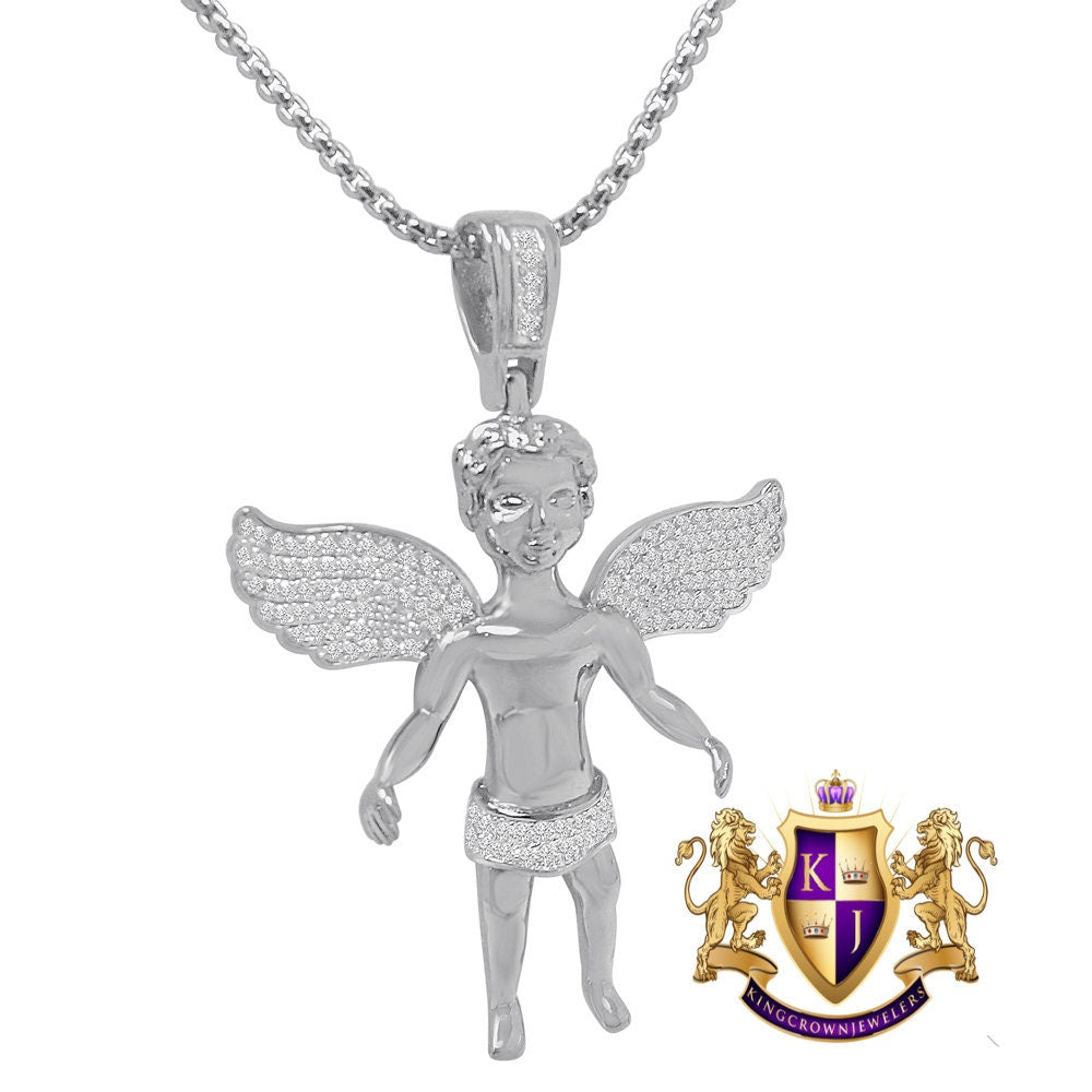 Mini Angel Piece Unisex 14K Gold Finish Simulated Diamond Religious Charm Pendent Chain Set 1.80''