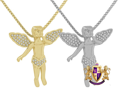 2'' Angel Piece Unisex 14K Gold Finish Simulated Diamond Religious Charm Pendent Chain Set