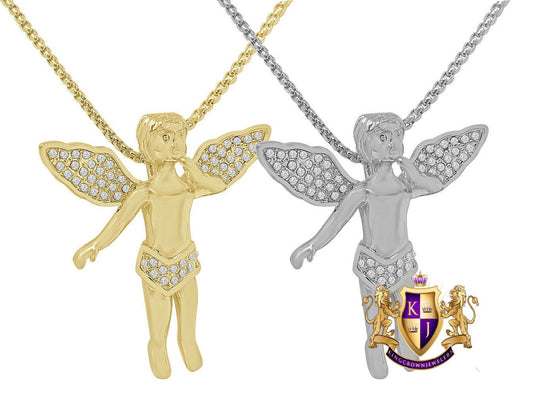 2'' Angel Piece Unisex 14K Gold Finish Simulated Diamond Religious Charm Pendent Chain Set