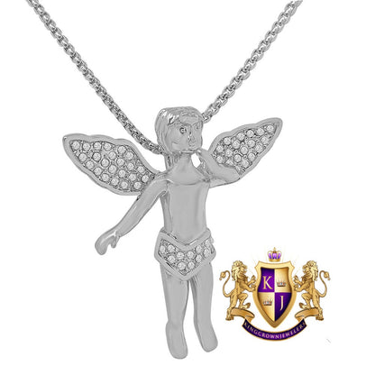 2'' Angel Piece Unisex 14K Gold Finish Simulated Diamond Religious Charm Pendent Chain Set