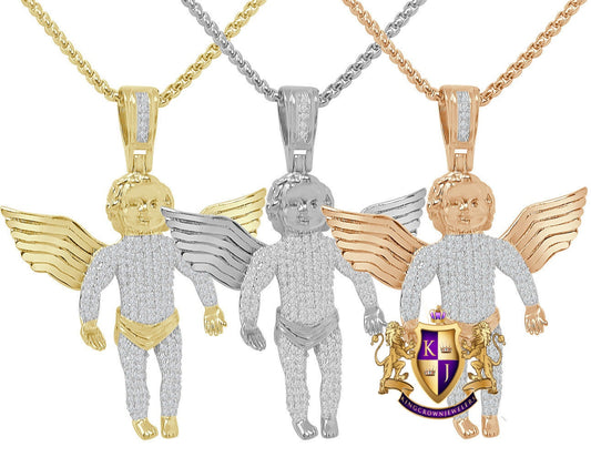 2.5'' 14K Gold Finish Simulated Diamond Angel Piece Religious Charm Pendent Chain Set Unisex