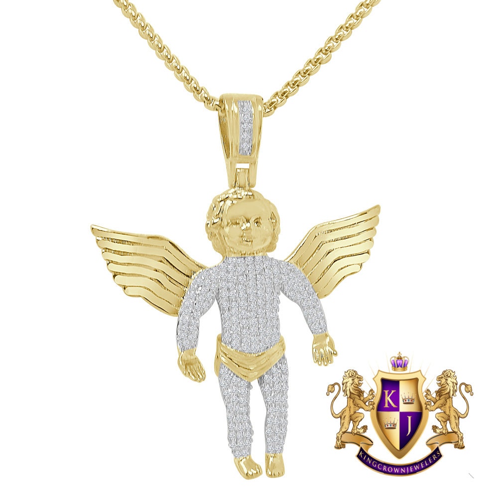 2.5'' 14K Gold Finish Simulated Diamond Angel Piece Religious Charm Pendent Chain Set Unisex