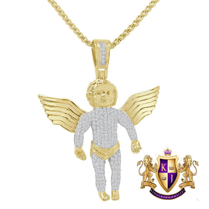 2.5'' 14K Gold Finish Simulated Diamond Angel Piece Religious Charm Pendent Chain Set Unisex
