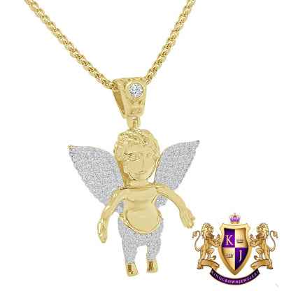 Baby Angel Piece Unisex 14K Gold Finish Simulated Diamond Religious Charm Pendent Chain Set Unisex 2''