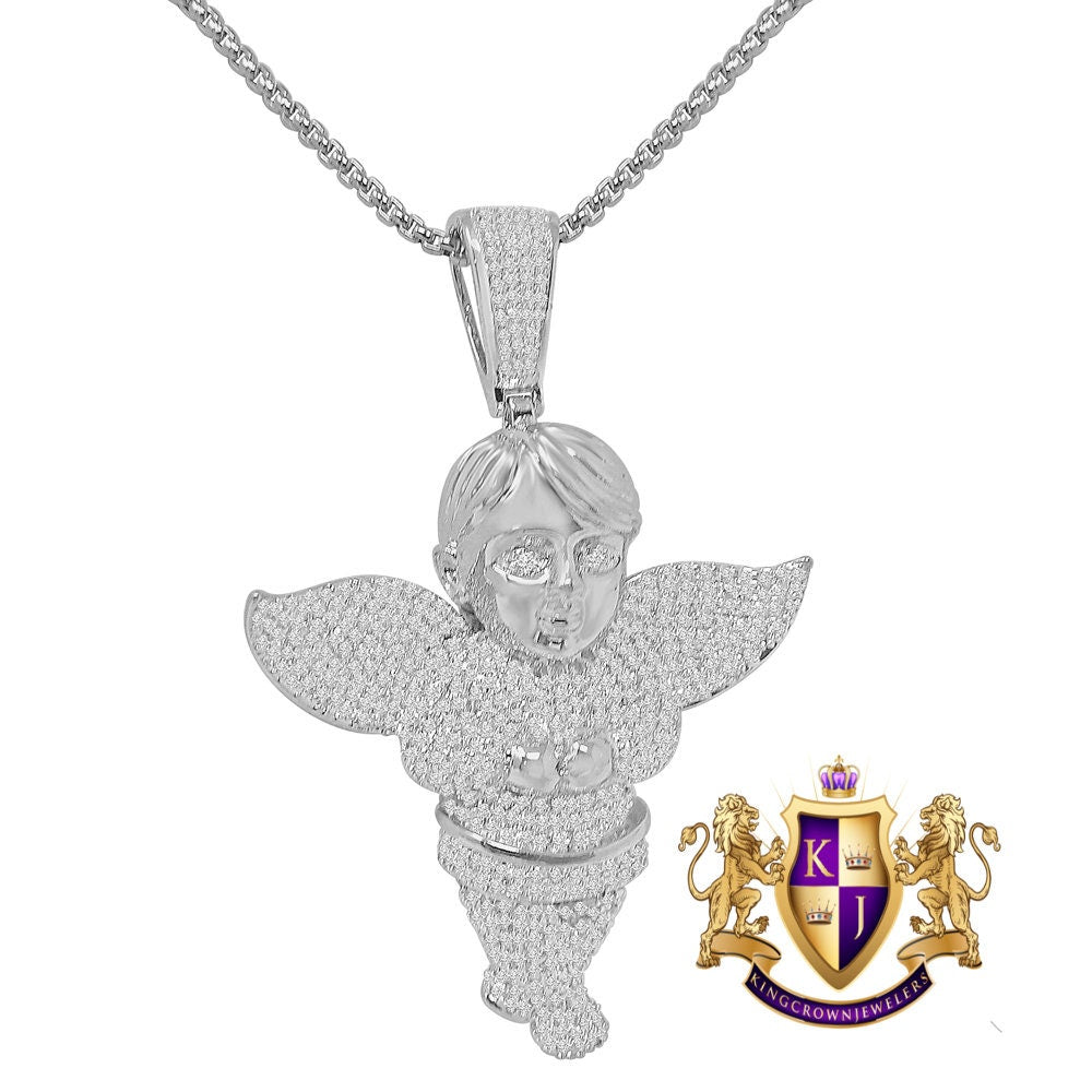 2.75'' Holy Religious Charm 14K Gold Over Simulated Diamond Angel Pendent Chain Set Unisex