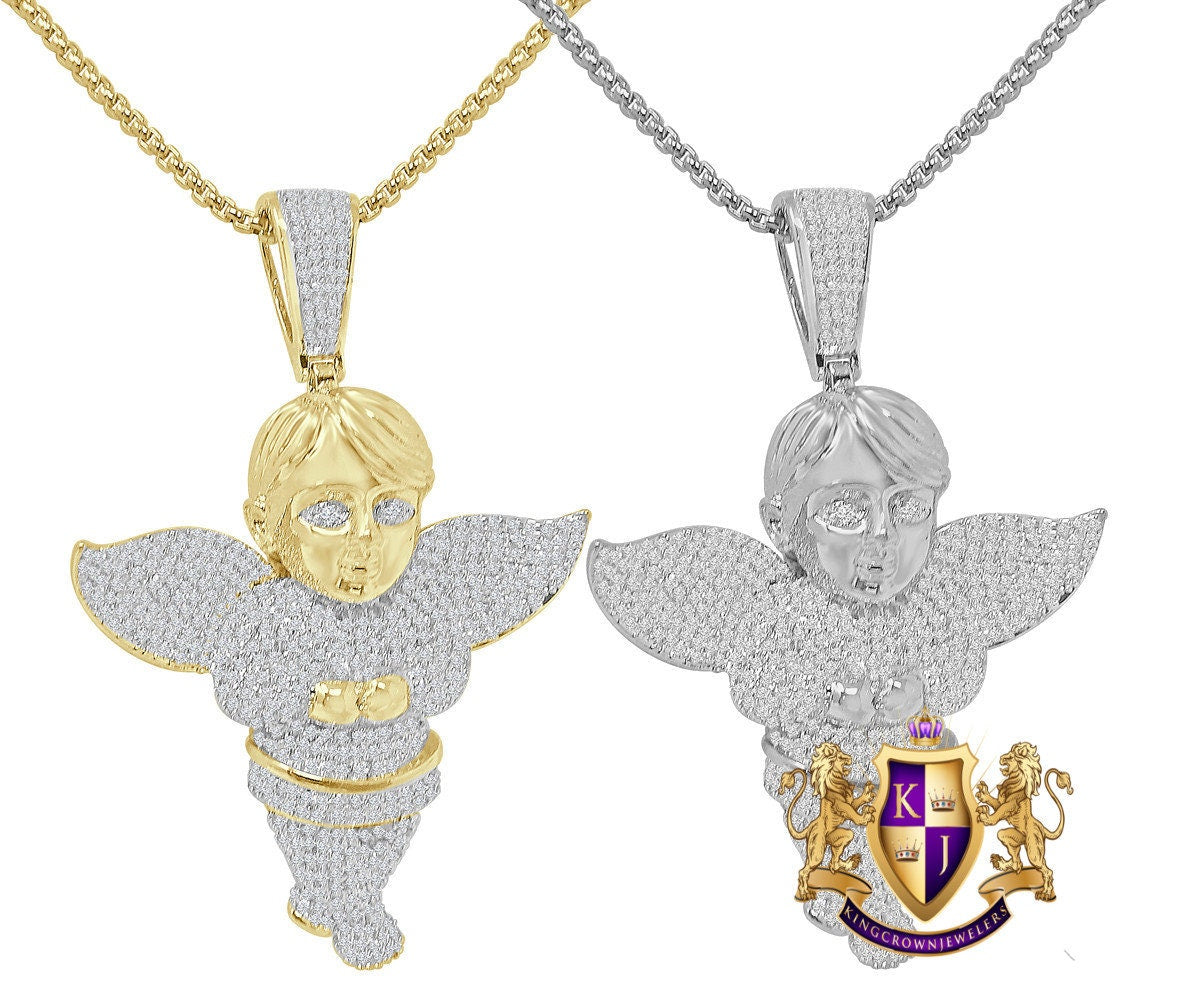 2.75'' Holy Religious Charm 14K Gold Over Simulated Diamond Angel Pendent Chain Set Unisex