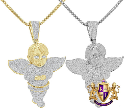 2.75'' Holy Religious Charm 14K Gold Over Simulated Diamond Angel Pendent Chain Set Unisex