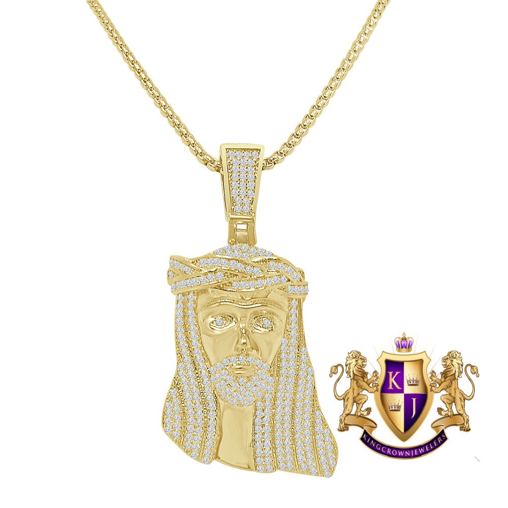 14K Gold Finish Simulated Diamond Mini Jesus Face Piece Charm Pendent Chain Set 2''