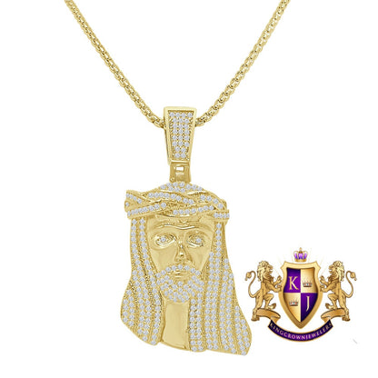 14K Gold Finish Simulated Diamond Mini Jesus Face Piece Charm Pendent Chain Set 2''