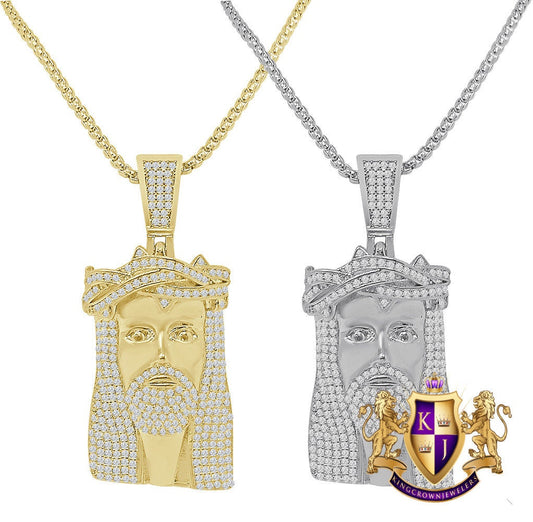 Unisex 14K Gold Finish Simulated Diamond Mini Jesus Face Piece Charm Pendent Chain Set 2''
