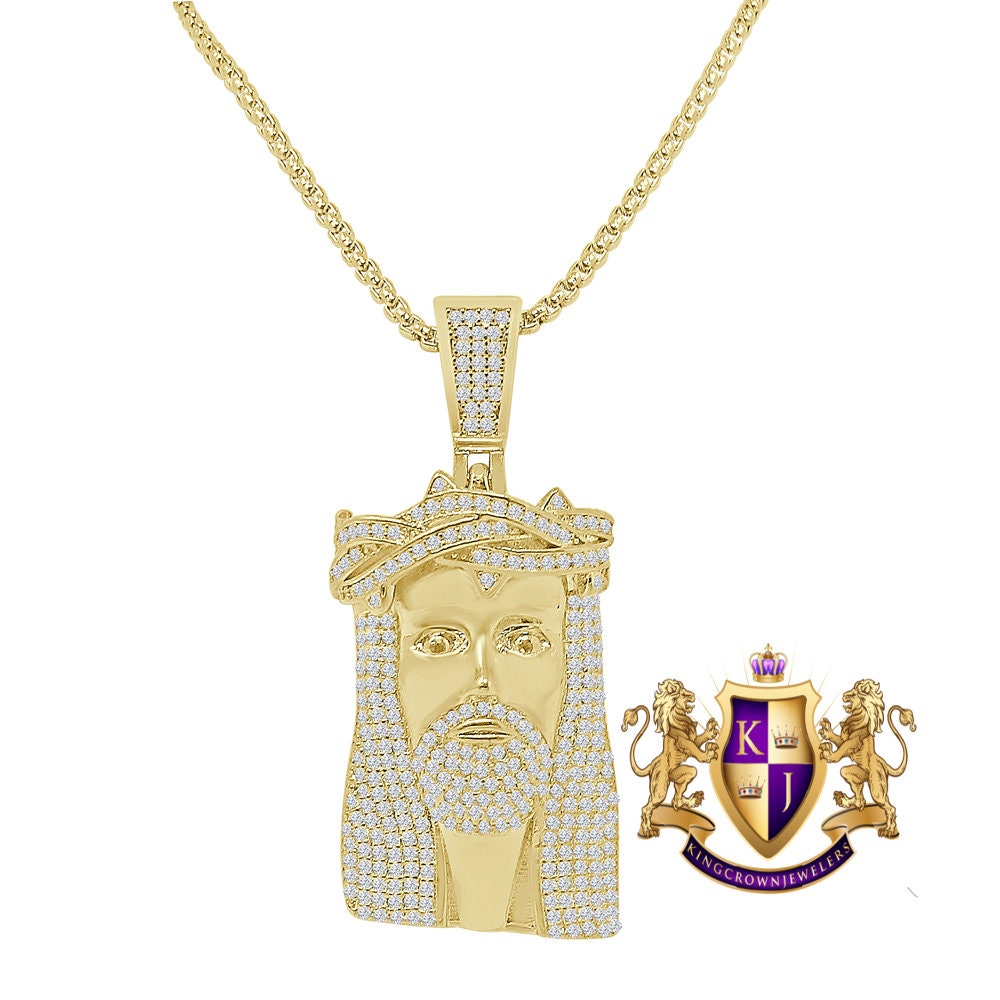 Unisex 14K Gold Finish Simulated Diamond Mini Jesus Face Piece Charm Pendent Chain Set 2''