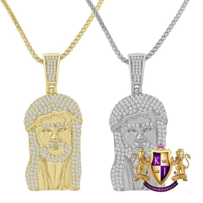 Men's Ladies 14K Gold Finish Simulated Diamond Jesus Face Piece Charm Pendent Chain Set 2.25''