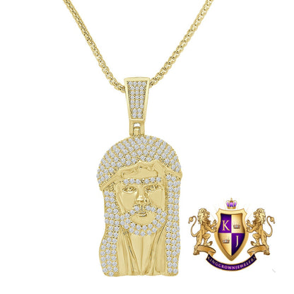 Men's Ladies 14K Gold Finish Simulated Diamond Jesus Face Piece Charm Pendent Chain Set 2.25''
