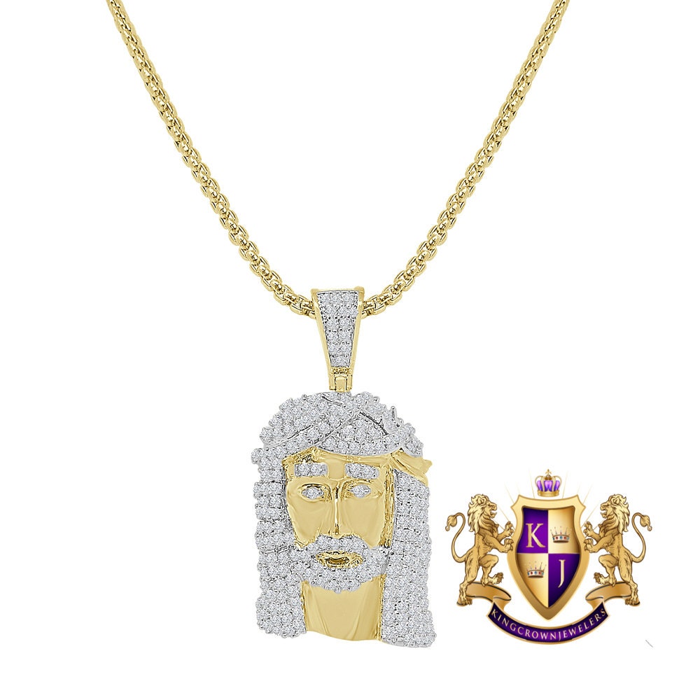 Mini Jesus Face Piece 1.60'' 14K Gold Finish Simulated Diamond Charm Pendent Chain Set