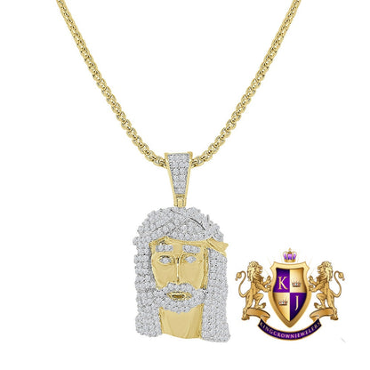 Mini Jesus Face Piece 1.60'' 14K Gold Finish Simulated Diamond Charm Pendent Chain Set