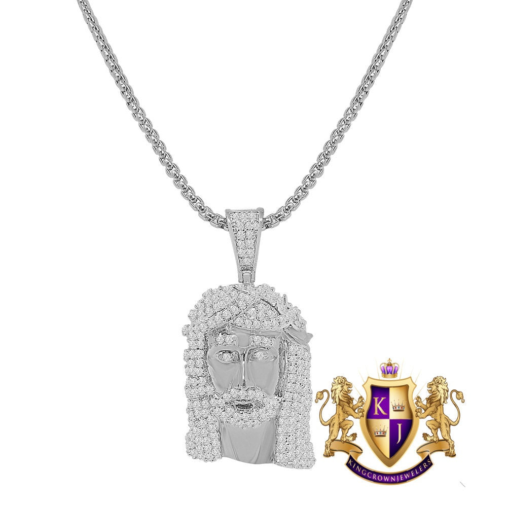Mini Jesus Face Piece 1.60'' 14K Gold Finish Simulated Diamond Charm Pendent Chain Set