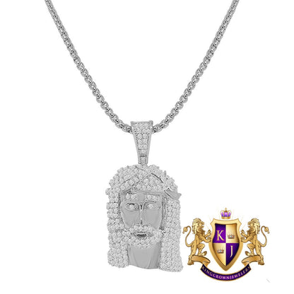 Mini Jesus Face Piece 1.60'' 14K Gold Finish Simulated Diamond Charm Pendent Chain Set