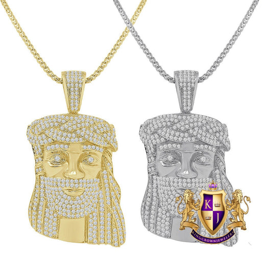 Unisex 14K Gold Finish Simulated Diamond Jesus Face Piece Charm Pendent Chain Set 2.35''