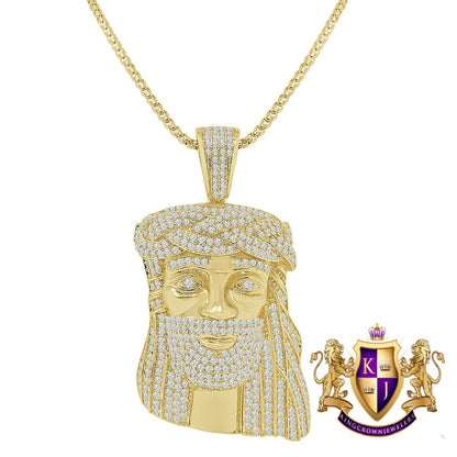 Unisex 14K Gold Finish Simulated Diamond Jesus Face Piece Charm Pendent Chain Set 2.35''