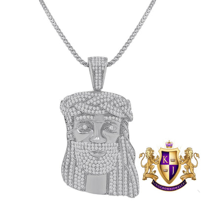 Unisex 14K Gold Finish Simulated Diamond Jesus Face Piece Charm Pendent Chain Set 2.35''