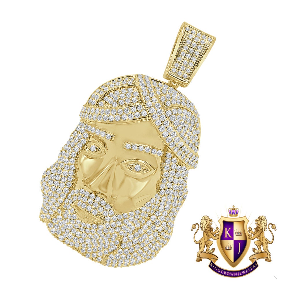 XL 3'' Men's Holy Jesus Christ Face Marquise Crown Icy Pendant Charm 14K Gold Tone Simulated Diamond
