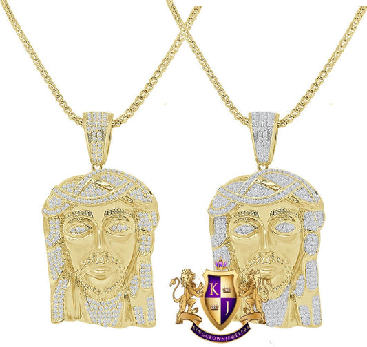 14K Yellow Gold Finish Simulated Diamond Jesus Face Piece Charm Pendent Chain Set 2.25''