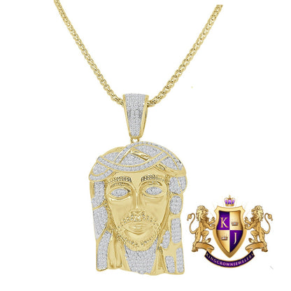14K Yellow Gold Finish Simulated Diamond Jesus Face Piece Charm Pendent Chain Set 2.25''