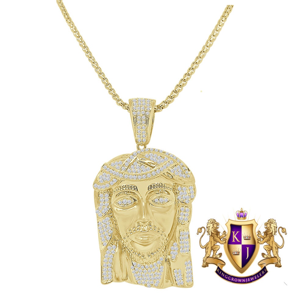 14K Yellow Gold Finish Simulated Diamond Jesus Face Piece Charm Pendent Chain Set 2.25''