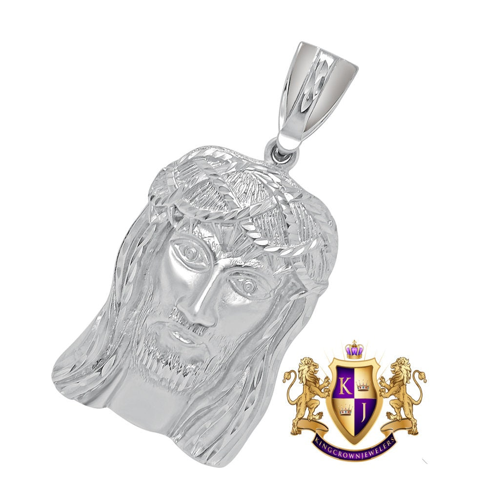 Men's 14K White Gold Finish Diamond Cut Jesus Face Piece Charm Pendent Big 3.5''
