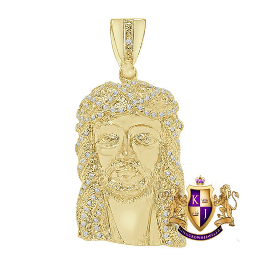 14K Yellow Gold Finish Simulated Diamond Jesus Face Piece Men's Charm Pendent 3.25''