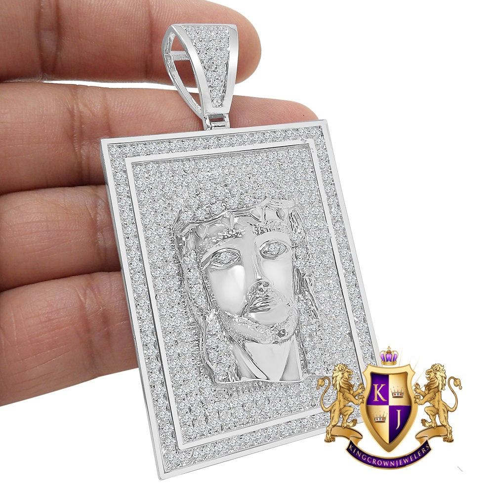 Big XL 3.10'' Frame Style Jesus Face Piece 14K White Gold Over Simulated Diamond Men's Charm Pendent 43 + Grams