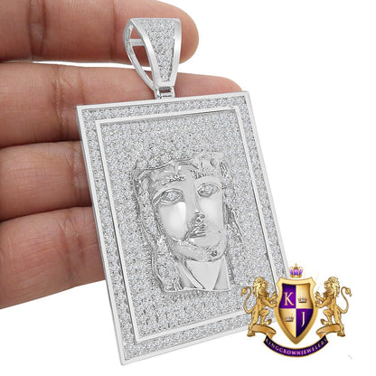 Big XL 3.10'' Frame Style Jesus Face Piece 14K White Gold Over Simulated Diamond Men's Charm Pendent 43 + Grams