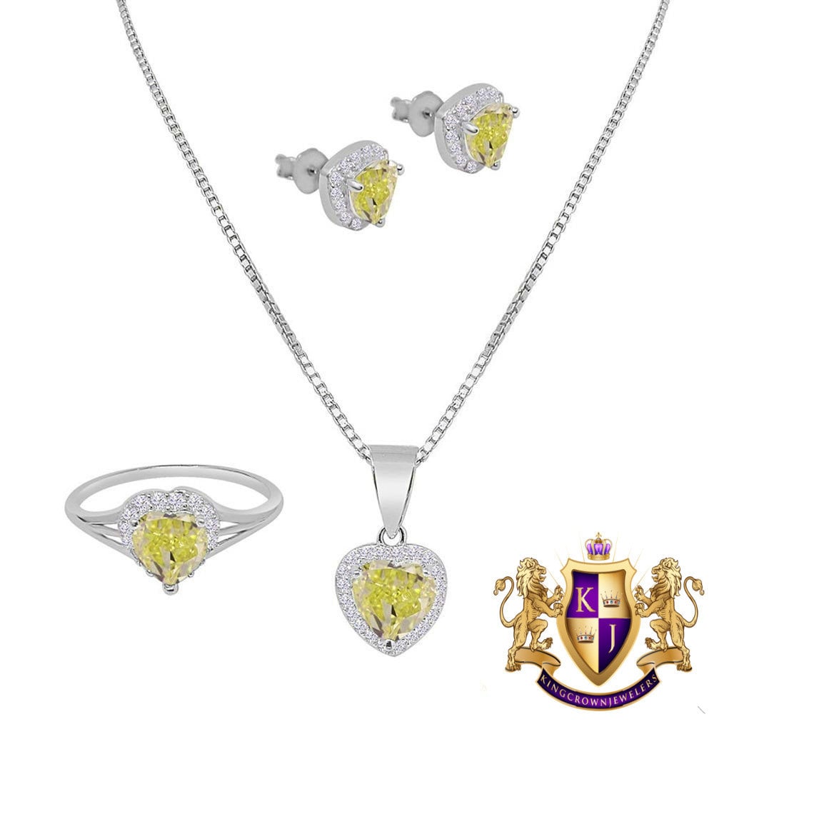 Yellow Citrine Ladies 10K White Gold Over Real Sterling Silver Love Heart Pendent Charm Chain Neckless Earrings Ring 3 Piece Combo Set
