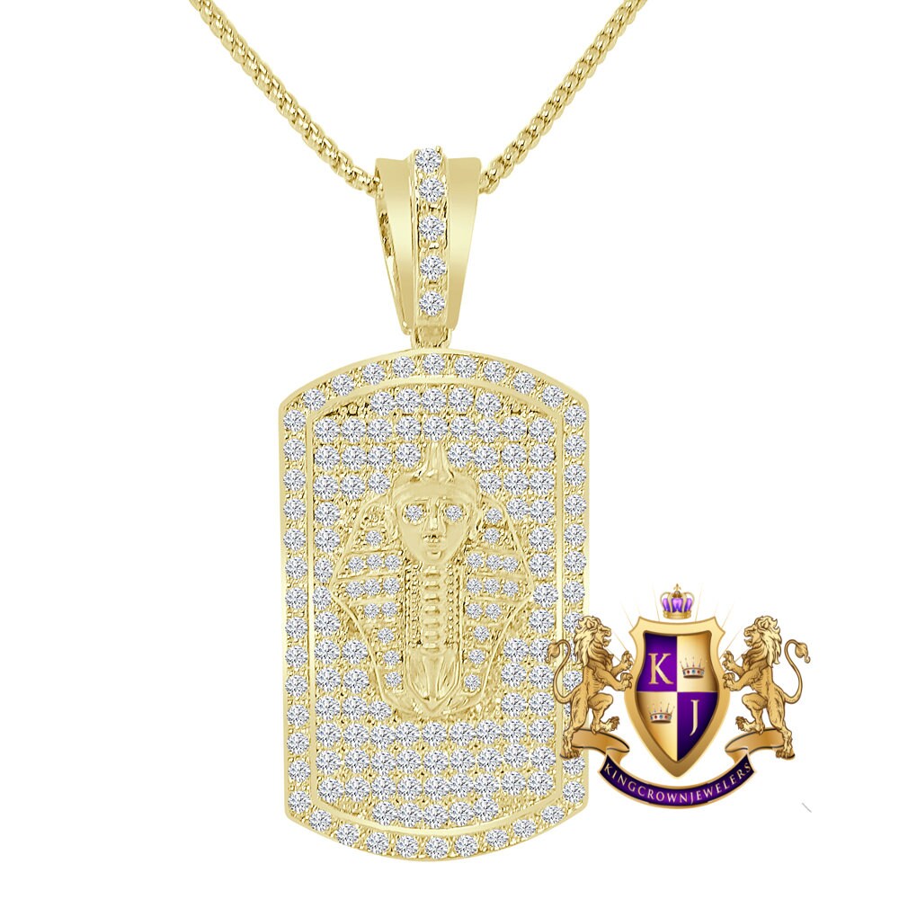 Men's Custom Dog Tag Piece 14K Yellow Gold Over Simulated Diamond Charm Pendent Chain Set
