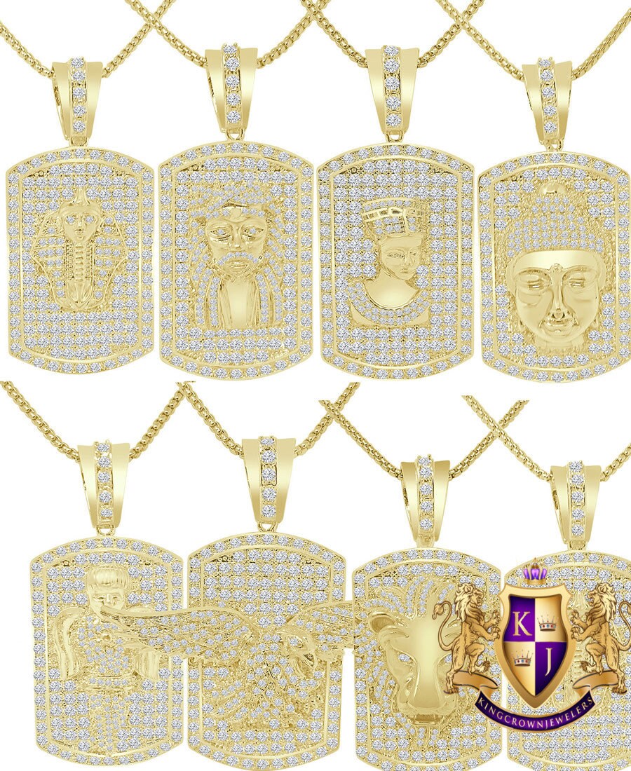 Men's Custom Dog Tag Piece 14K Yellow Gold Over Simulated Diamond Charm Pendent Chain Set