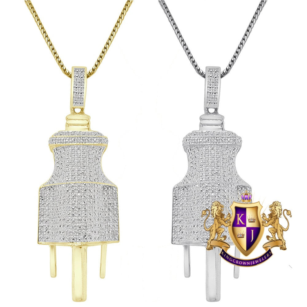 Men's Real Genuine Diamond 10K Gold Over Electric Plug Socket Pendent Charm Chain Set