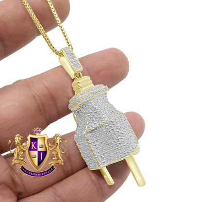 Men's Real Genuine Diamond 10K Gold Over Electric Plug Socket Pendent Charm Chain Set